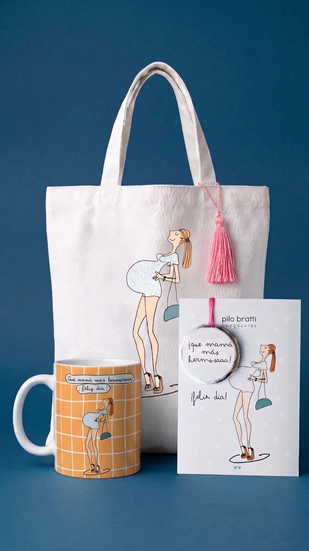 Combo Mamá hermosa: taza cuadrillé naranja, totebag y tarjetón con medallón, diseño Día de la Madre