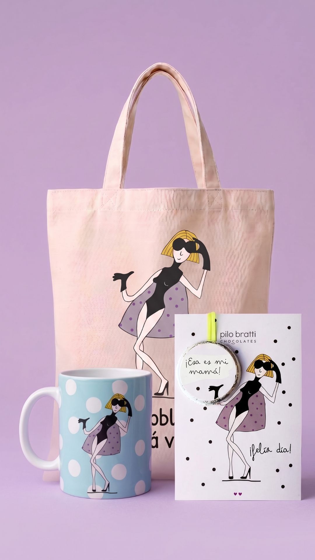 Combo Super-mamá: taza celeste con lunares, totebag y tarjetón con medallón, diseño Día de la Madre