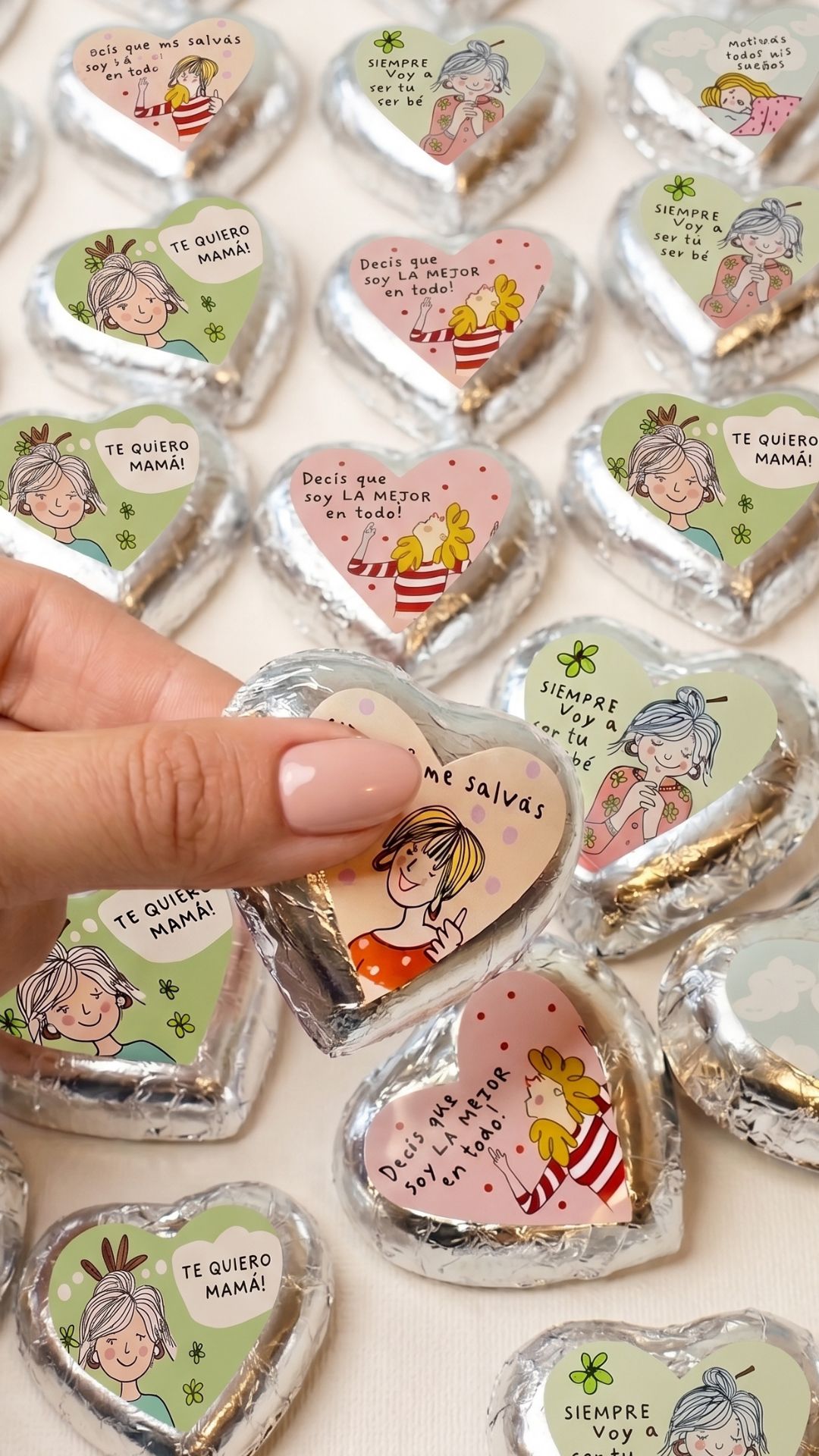 Corazones de chocolate rellenos de dulce de leche con stickers y mensajes para mamá